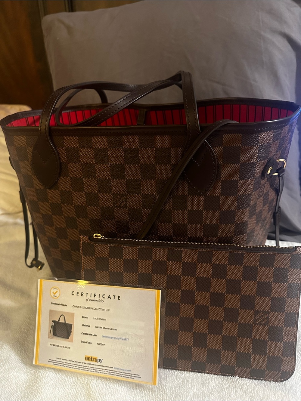 Louis Vuitton Damier Ebene Canvas Neverfull Tote with Red Lining
